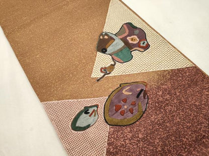 平和屋着物●中国三大刺繍　スワトウ刺繍　相良刺繍　総刺繍　太鼓柄袋帯　紬地　動物文　上代35万　正絹　逸品　未使用　CABJ2130dy