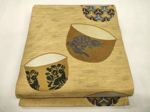 平和屋着物●織斎きたの 　両面　六通柄袋帯　陶器文　鳥獣戯画　金糸　正絹　逸品　CABJ2133dy
