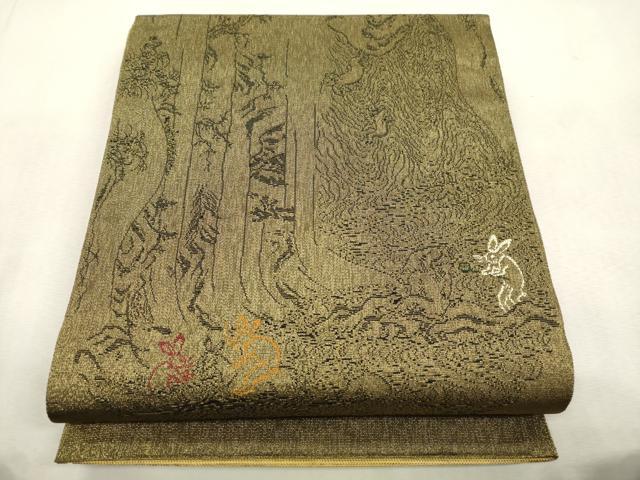 平和屋着物●織斎きたの 　両面　六通柄袋帯　陶器文　鳥獣戯画　金糸　正絹　逸品　CABJ2133dy