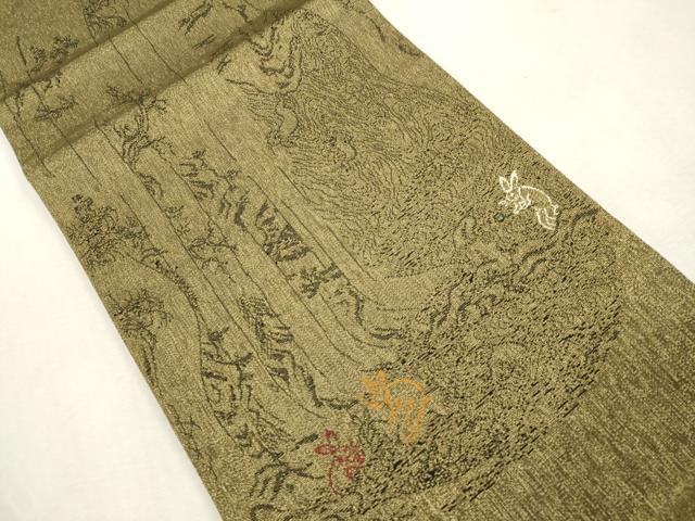 平和屋着物●織斎きたの 　両面　六通柄袋帯　陶器文　鳥獣戯画　金糸　正絹　逸品　CABJ2133dy