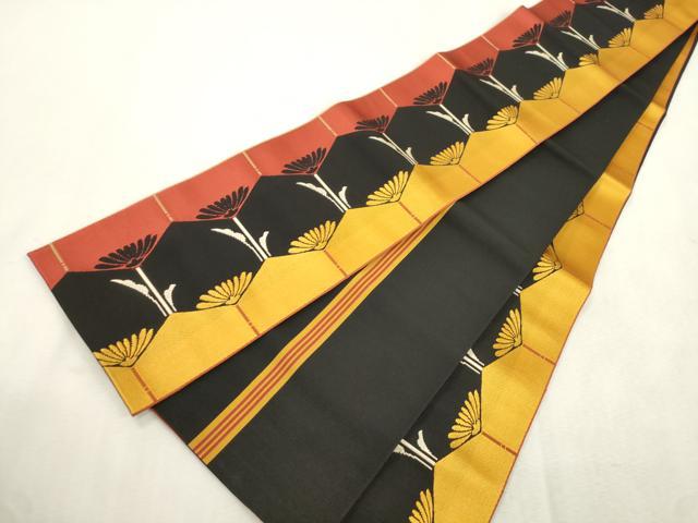 平和屋着物●本場筑前博多織　半幅帯　菊文　黒地　正絹　逸品　CABJ2149dy