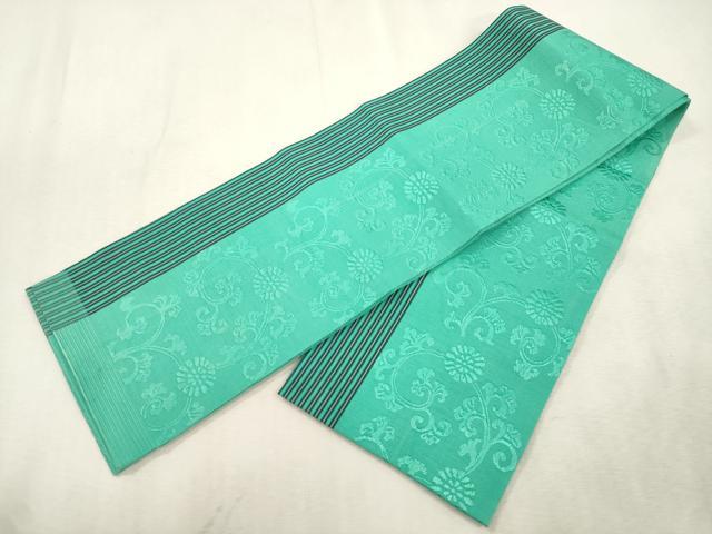 平和屋着物●本場筑前博多織　半幅帯　花唐草文　若竹色　一重帯　正絹　逸品　CABJ2151dy
