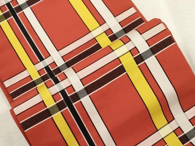平和屋着物○本場筑前博多織 半幅帯 格子柄 正絹 逸品 CABJ2161dy