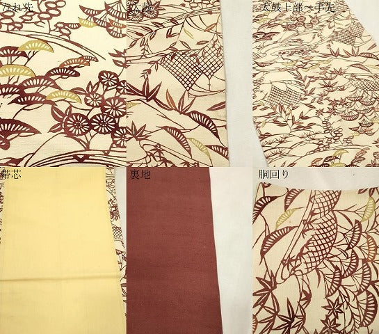 平和屋着物●全通柄九寸開き名古屋帯　紬地　型染め　草花文　正絹　逸品　CABJ2167dy