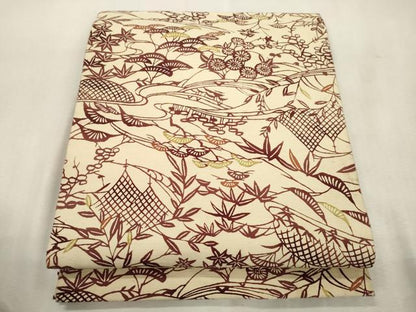 平和屋着物●全通柄九寸開き名古屋帯　紬地　型染め　草花文　正絹　逸品　CABJ2167dy