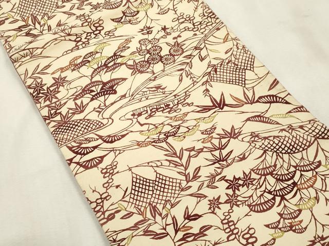 平和屋着物●全通柄九寸開き名古屋帯　紬地　型染め　草花文　正絹　逸品　CABJ2167dy