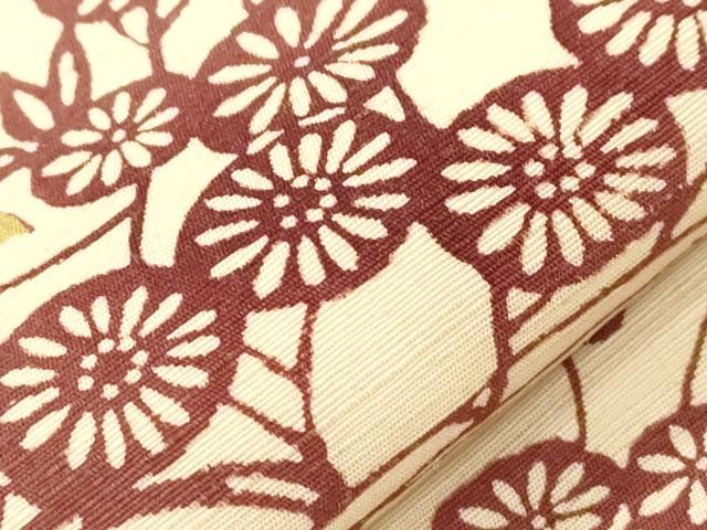 平和屋着物●全通柄九寸開き名古屋帯　紬地　型染め　草花文　正絹　逸品　CABJ2167dy