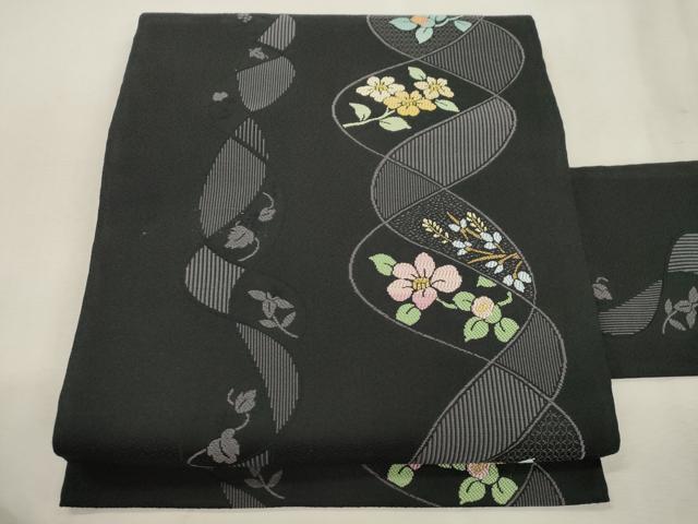 平和屋着物●九寸名古屋帯　草花文　黒地　金糸　正絹　逸品　CABJ2173dy