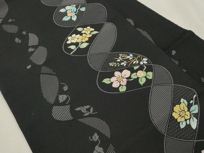 平和屋着物●九寸名古屋帯　草花文　黒地　金糸　正絹　逸品　CABJ2173dy