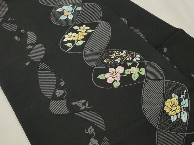 平和屋着物●九寸名古屋帯　草花文　黒地　金糸　正絹　逸品　CABJ2173dy