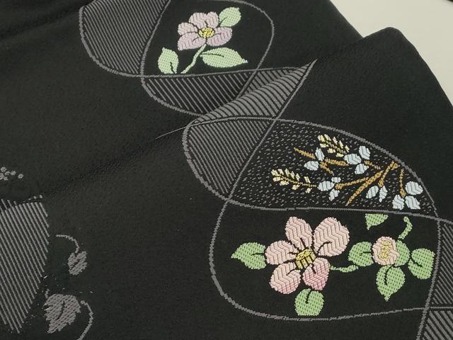 平和屋着物●九寸名古屋帯　草花文　黒地　金糸　正絹　逸品　CABJ2173dy