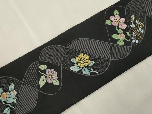 平和屋着物●九寸名古屋帯　草花文　黒地　金糸　正絹　逸品　CABJ2173dy