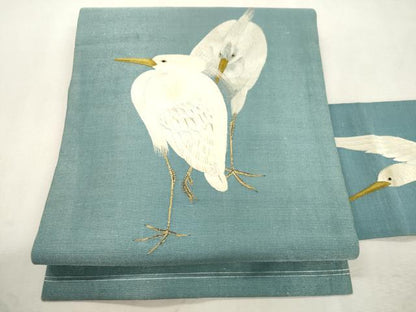 平和屋着物●アンティーク　大正ロマン　九寸名古屋帯　総手刺繍　鷺　正絹　逸品　CABJ2174dy