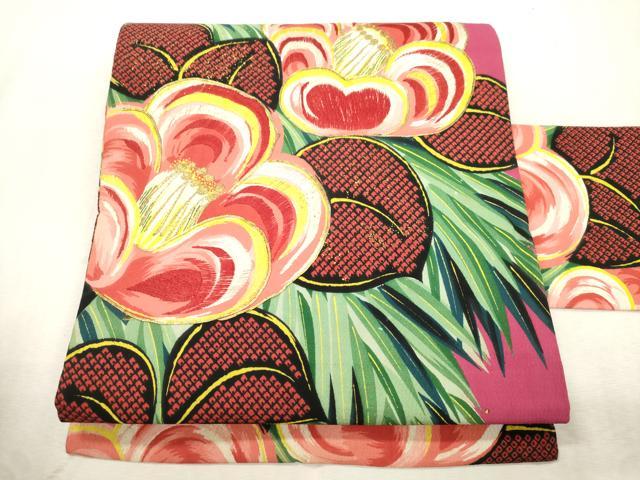 平和屋着物●アンティーク　大正ロマン　全通柄九寸名古屋帯　手描き　駒刺繍　椿　金彩　正絹　逸品　CABJ2176dy