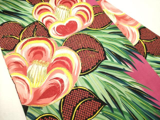 平和屋着物●アンティーク　大正ロマン　全通柄九寸名古屋帯　手描き　駒刺繍　椿　金彩　正絹　逸品　CABJ2176dy