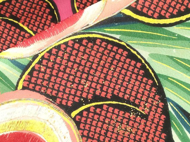 平和屋着物●アンティーク　大正ロマン　全通柄九寸名古屋帯　手描き　駒刺繍　椿　金彩　正絹　逸品　CABJ2176dy