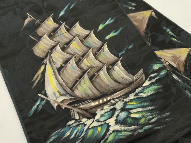 平和屋着物●アンティーク　大正ロマン　九寸名古屋帯　手描き　舟　黒地　正絹　逸品　CABJ2177dy