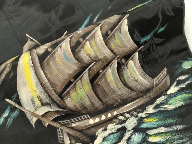 平和屋着物●アンティーク　大正ロマン　九寸名古屋帯　手描き　舟　黒地　正絹　逸品　CABJ2177dy