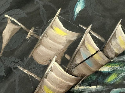 平和屋着物●アンティーク　大正ロマン　九寸名古屋帯　手描き　舟　黒地　正絹　逸品　CABJ2177dy