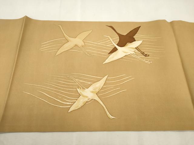 平和屋着物●塩瀬　九寸開き名古屋帯　ろうけつ染め　飛鶴文　金彩　正絹　逸品　CABJ2178dy