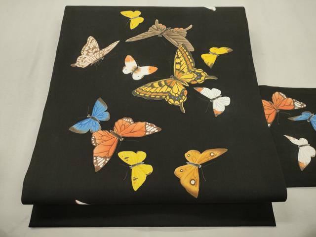 平和屋着物●塩瀬　九寸名古屋帯　手描き　舞蝶文　黒地　正絹　逸品　CABJ2184dy