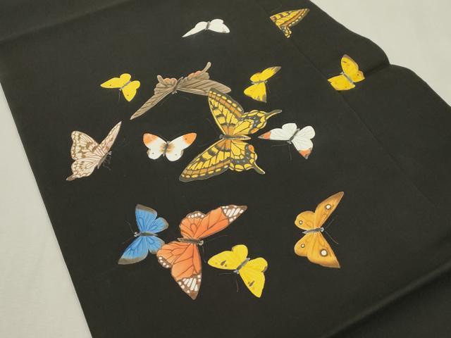 平和屋着物●塩瀬　九寸名古屋帯　手描き　舞蝶文　黒地　正絹　逸品　CABJ2184dy