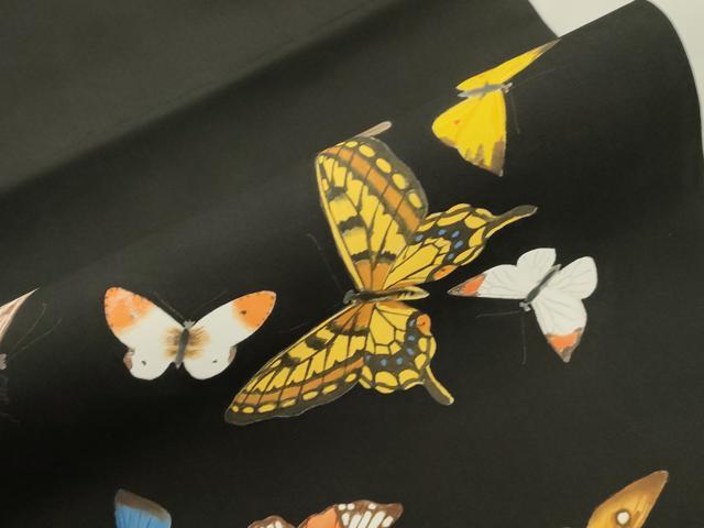 平和屋着物●塩瀬　九寸名古屋帯　手描き　舞蝶文　黒地　正絹　逸品　CABJ2184dy
