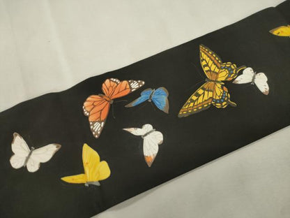 平和屋着物●塩瀬　九寸名古屋帯　手描き　舞蝶文　黒地　正絹　逸品　CABJ2184dy