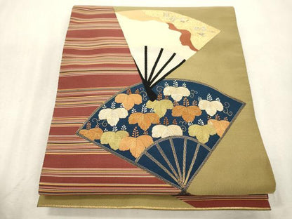 平和屋着物●爪掻き本綴れ　八寸名古屋帯　扇面桐文　金糸　正絹　逸品　CABJ2187dy