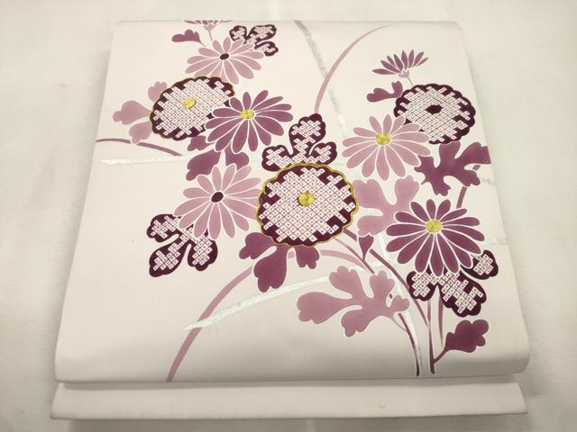 平和屋着物●塩瀬　九寸開き名古屋帯　駒刺繍　草花文　銀彩　正絹　逸品　CABJ2197dy