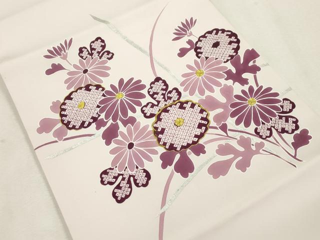 平和屋着物●塩瀬　九寸開き名古屋帯　駒刺繍　草花文　銀彩　正絹　逸品　CABJ2197dy