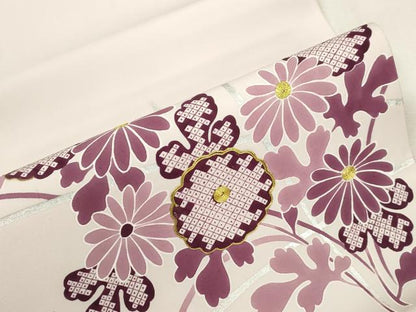平和屋着物●塩瀬　九寸開き名古屋帯　駒刺繍　草花文　銀彩　正絹　逸品　CABJ2197dy
