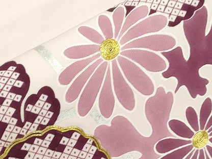 平和屋着物●塩瀬　九寸開き名古屋帯　駒刺繍　草花文　銀彩　正絹　逸品　CABJ2197dy