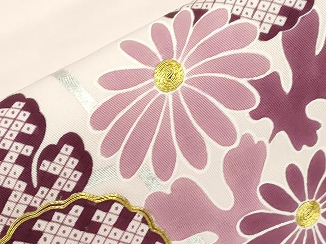 平和屋着物●塩瀬　九寸開き名古屋帯　駒刺繍　草花文　銀彩　正絹　逸品　CABJ2197dy