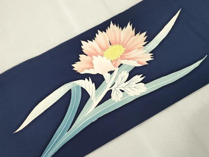平和屋着物●塩瀬　九寸名古屋帯　草花文　正絹　逸品　CABJ2203dy