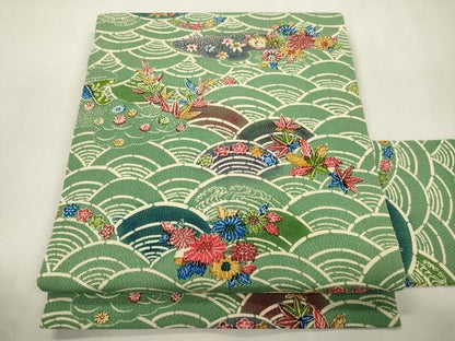 平和屋着物●全通柄九寸名古屋帯　型染め　草花文　鬼しぼ縮緬　正絹　逸品　CABJ2205dy