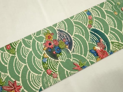 平和屋着物●全通柄九寸名古屋帯　型染め　草花文　鬼しぼ縮緬　正絹　逸品　CABJ2205dy