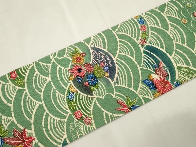 平和屋着物●全通柄九寸名古屋帯　型染め　草花文　鬼しぼ縮緬　正絹　逸品　CABJ2205dy
