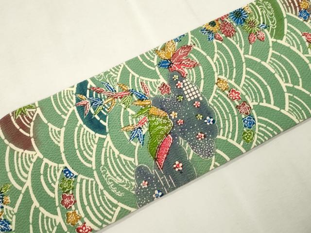 平和屋着物●全通柄九寸名古屋帯　型染め　草花文　鬼しぼ縮緬　正絹　逸品　CABJ2205dy