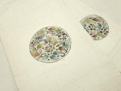 平和屋着物●九寸名古屋帯　手描き　髭紬　草花丸文　金彩　正絹　逸品　CABJ2206dy