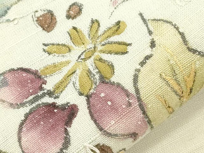 平和屋着物●九寸名古屋帯　手描き　髭紬　草花丸文　金彩　正絹　逸品　CABJ2206dy