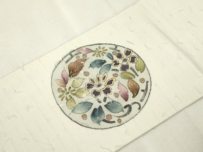 平和屋着物●九寸名古屋帯　手描き　髭紬　草花丸文　金彩　正絹　逸品　CABJ2206dy