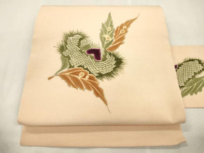 平和屋着物●九寸名古屋帯　手描き　舞葉文　鬼しぼ縮緬　正絹　逸品　CABJ2207dy