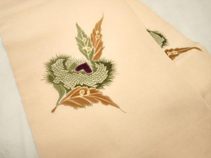 平和屋着物●九寸名古屋帯　手描き　舞葉文　鬼しぼ縮緬　正絹　逸品　CABJ2207dy