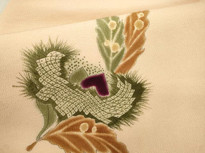 平和屋着物●九寸名古屋帯　手描き　舞葉文　鬼しぼ縮緬　正絹　逸品　CABJ2207dy