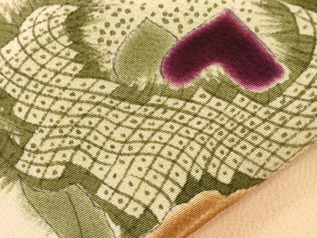 平和屋着物●九寸名古屋帯　手描き　舞葉文　鬼しぼ縮緬　正絹　逸品　CABJ2207dy