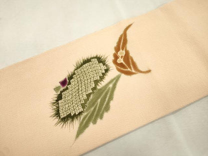 平和屋着物●九寸名古屋帯　手描き　舞葉文　鬼しぼ縮緬　正絹　逸品　CABJ2207dy