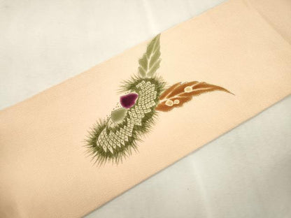 平和屋着物●九寸名古屋帯　手描き　舞葉文　鬼しぼ縮緬　正絹　逸品　CABJ2207dy