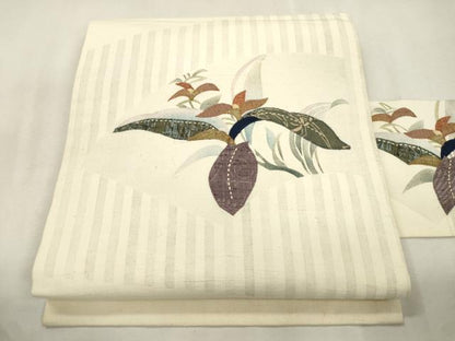 平和屋着物●九寸名古屋帯　紬地　パッチワーク　地紙草花文　正絹　逸品　CABJ2208dy