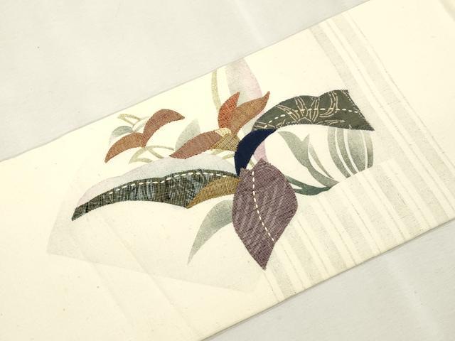 平和屋着物●九寸名古屋帯　紬地　パッチワーク　地紙草花文　正絹　逸品　CABJ2208dy